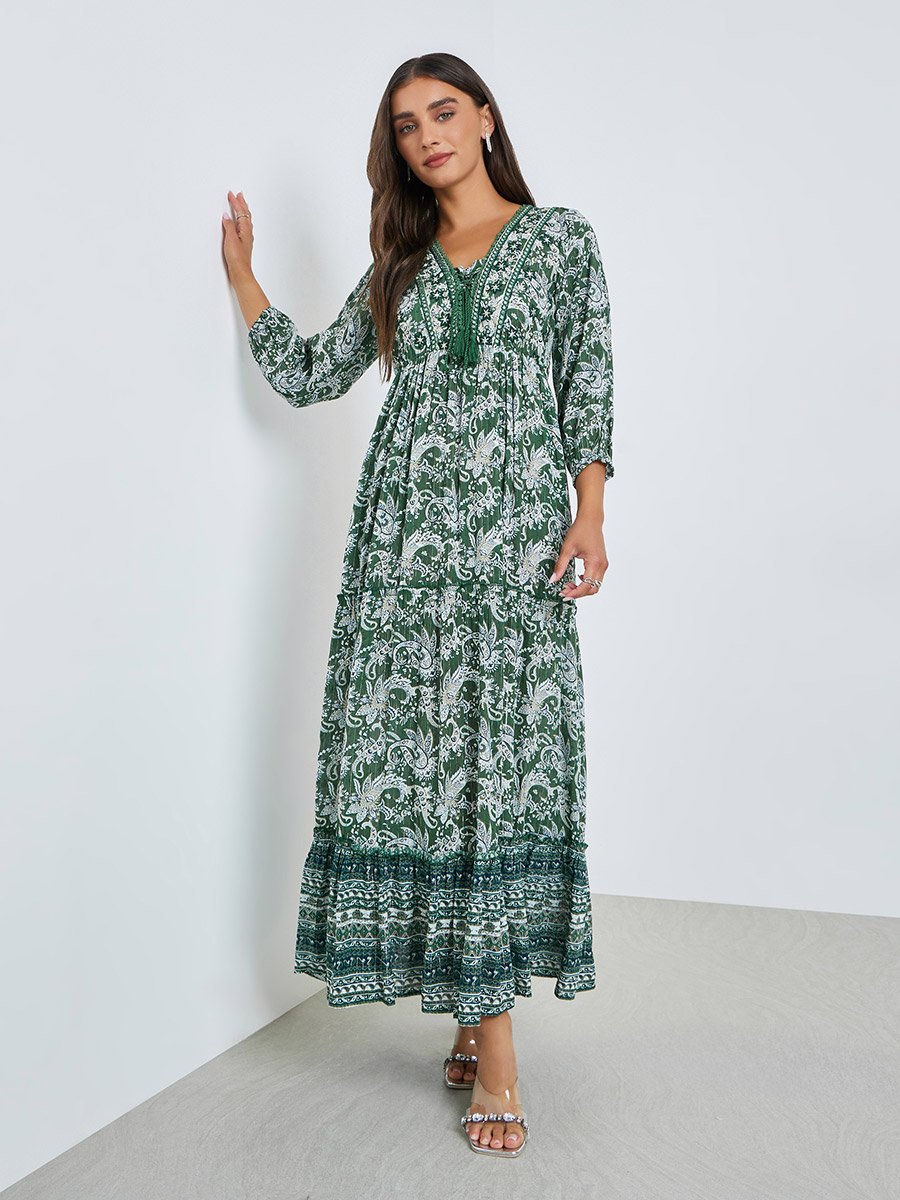 Green Paisley Print Tiered Maxi Dress