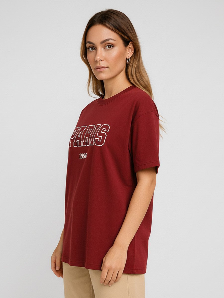 Women Maroon Paris Graphic Print T-Shirt