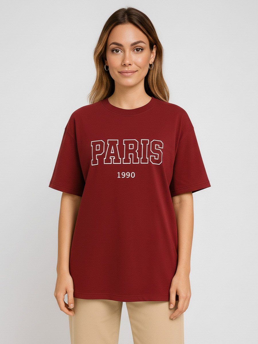 Women Maroon Paris Graphic Print T-Shirt
