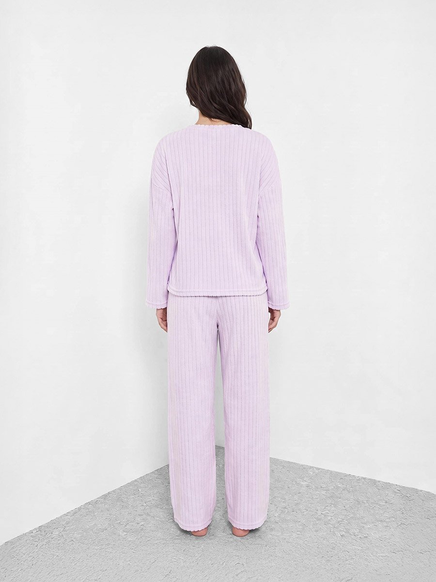 Lilac Self Striped Fleece Long Sleeve Top and Pyjama Set