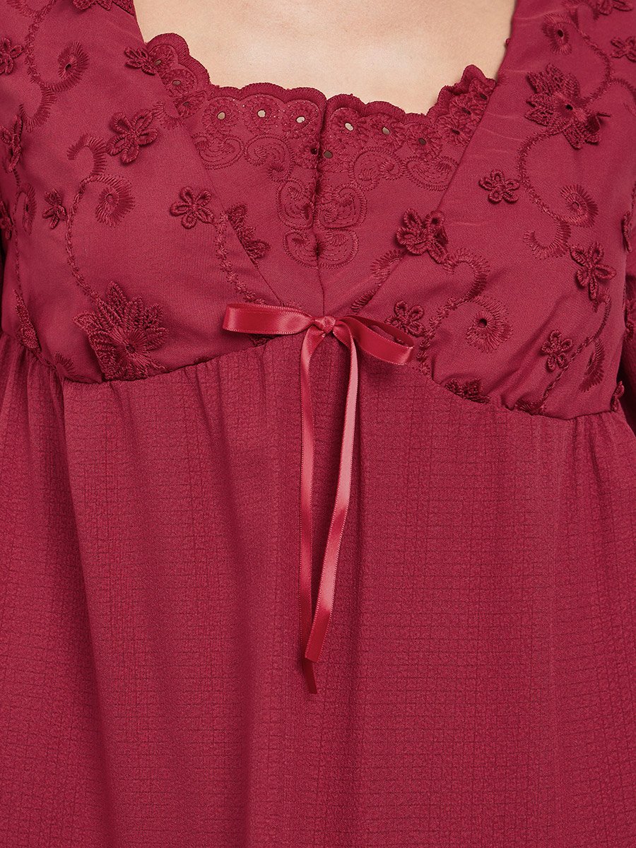 Embroidery Panel 3/4 Sleeve Ruffle Hem Nightdress