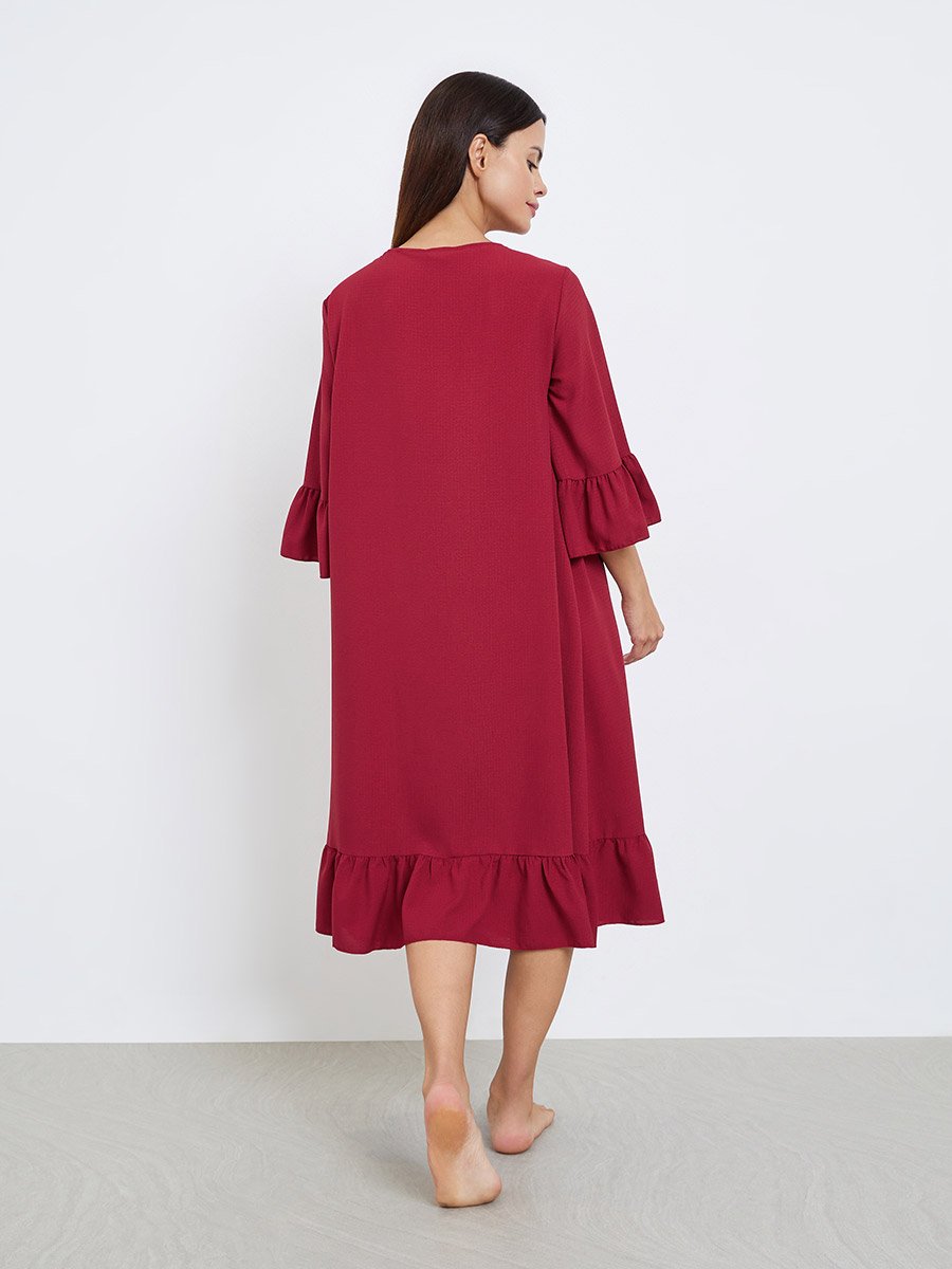 Embroidery Panel 3/4 Sleeve Ruffle Hem Nightdress
