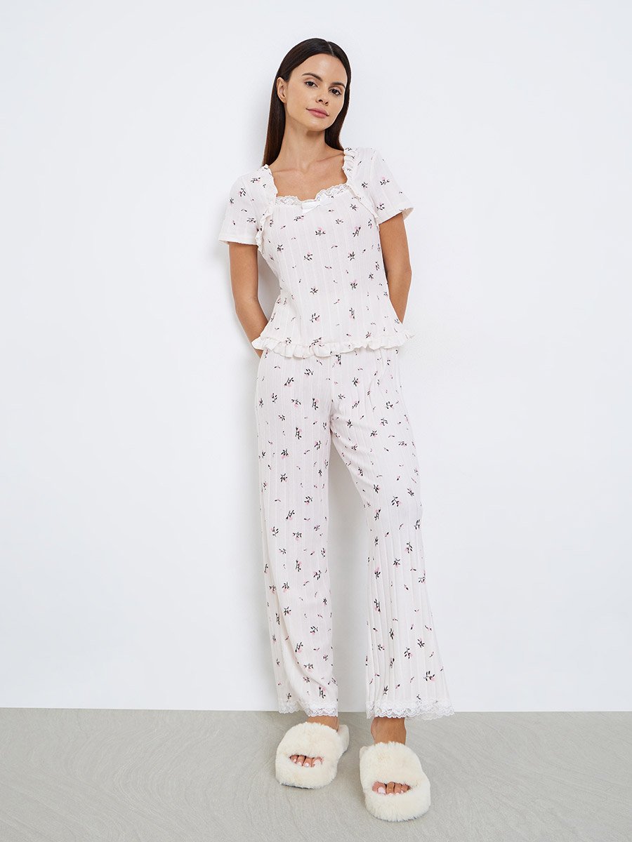 Textured Ditsy Floral Lettuce Hem Bolero Sleeve Top and Pyjama Set