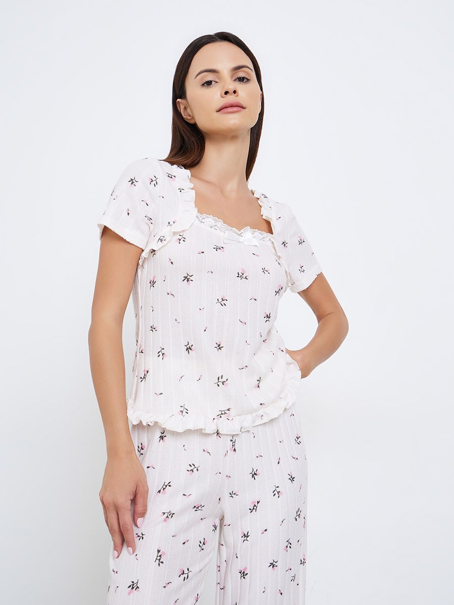 Textured Ditsy Floral Lettuce Hem Bolero Sleeve Top and Pyjama Set