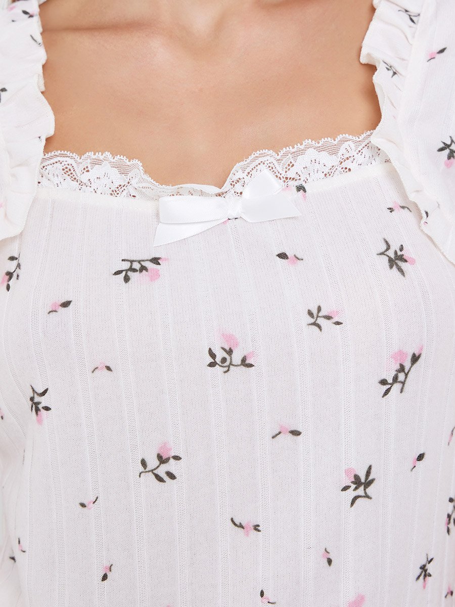 Textured Ditsy Floral Lettuce Hem Bolero Sleeve Top and Pyjama Set