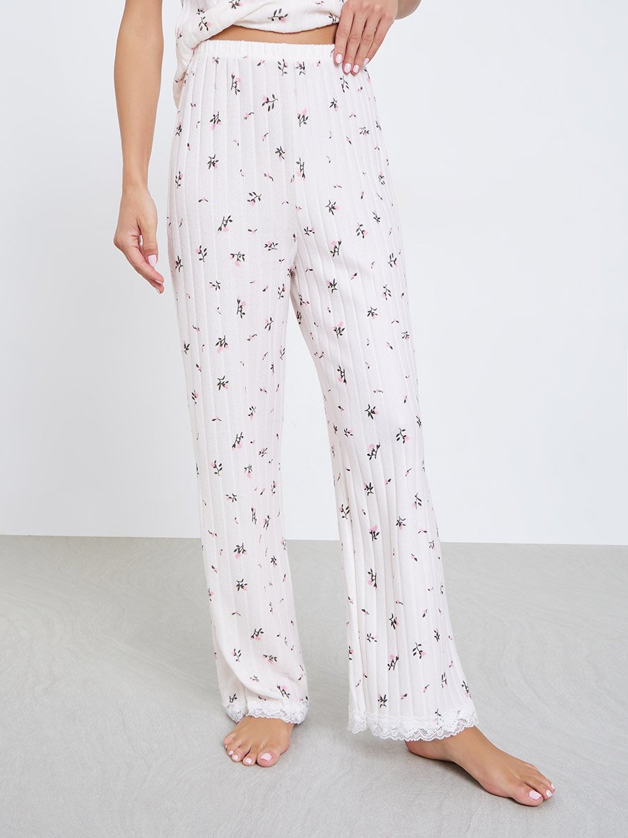 Textured Ditsy Floral Lettuce Hem Bolero Sleeve Top and Pyjama Set