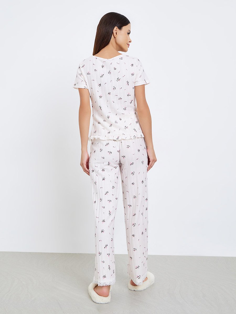 Textured Ditsy Floral Lettuce Hem Bolero Sleeve Top and Pyjama Set