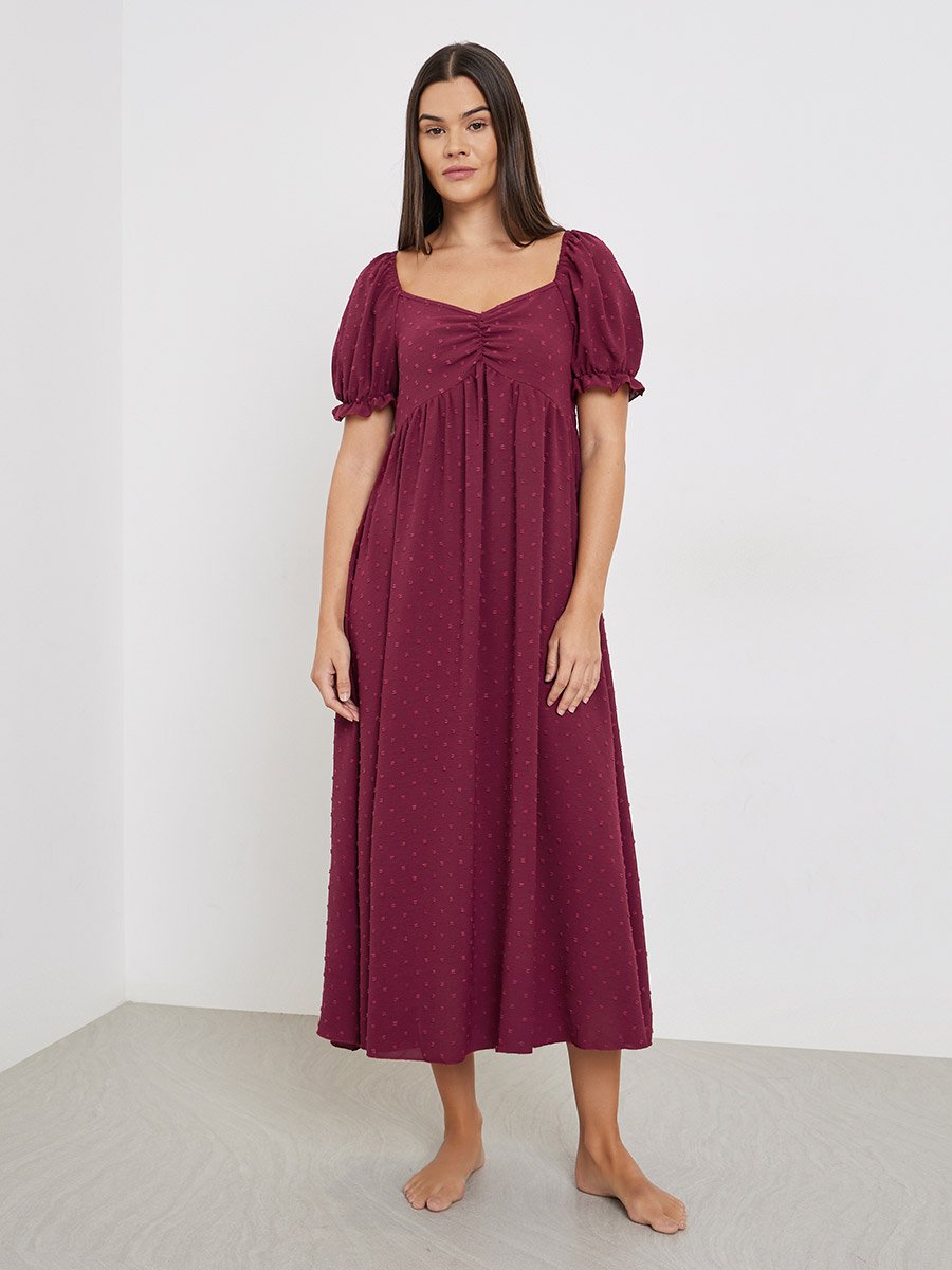 Dobby Pattern Ruched V Neck Nightdress with Puff Sleeves