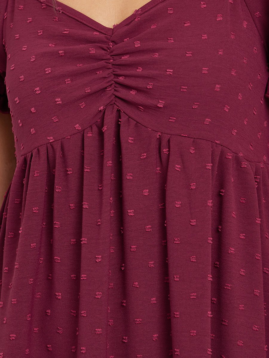 Dobby Pattern Ruched V Neck Nightdress with Puff Sleeves