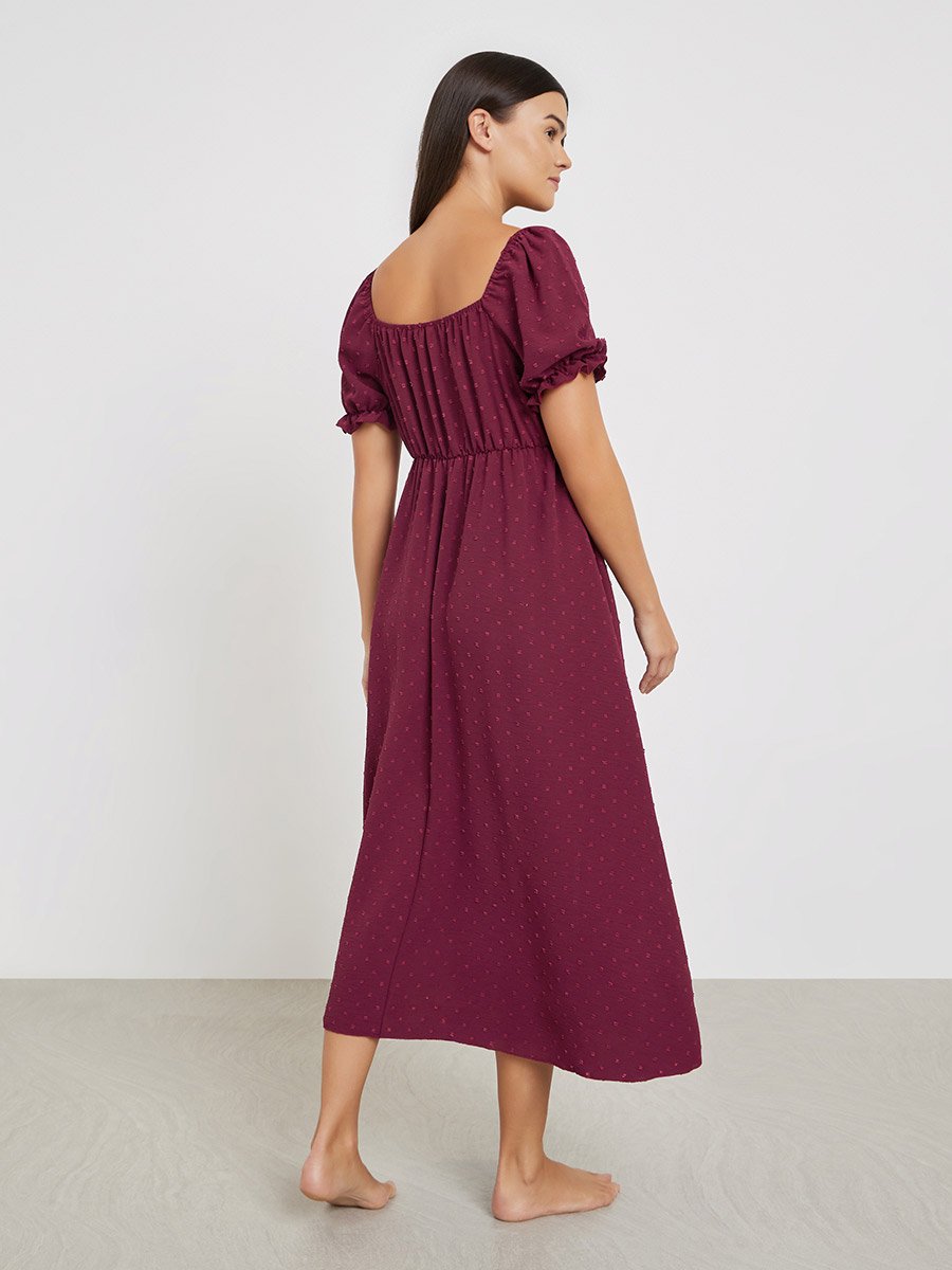 Dobby Pattern Ruched V Neck Nightdress with Puff Sleeves