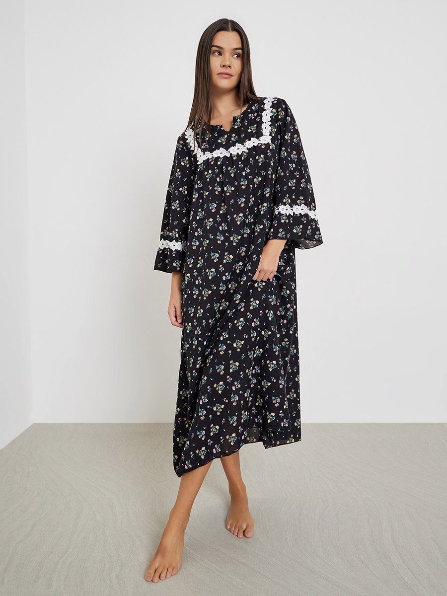 All-Over Floral Print Flared Sleeves Nightdress with Lace Detail