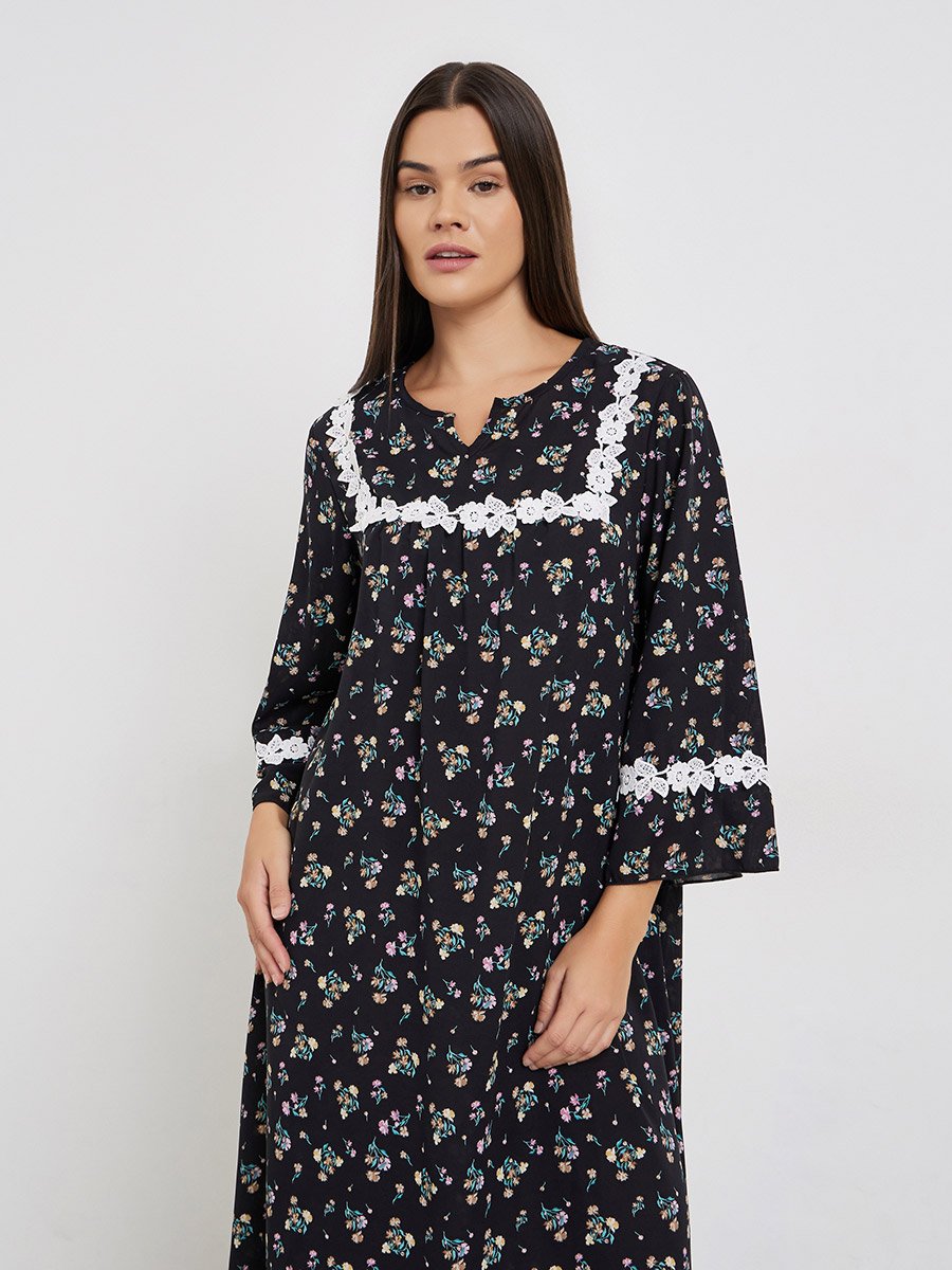 All-Over Floral Print Flared Sleeves Nightdress with Lace Detail