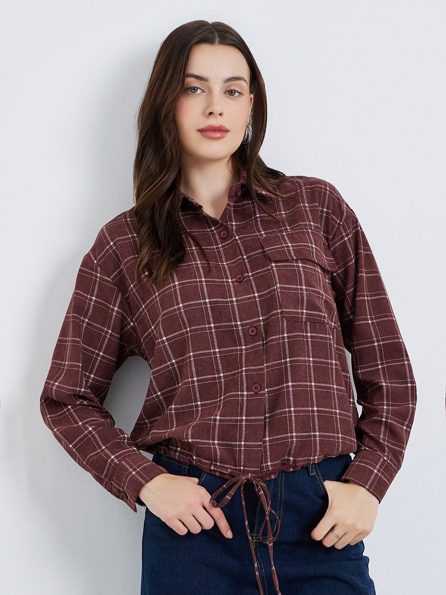 Women Burgundy Checkered Crop Shirt with Drawstring