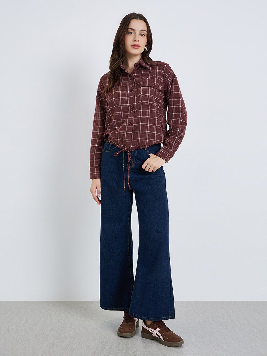 Women Burgundy Checkered Crop Shirt with Drawstring