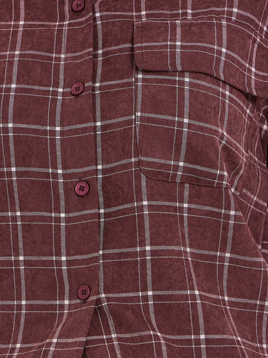 Women Burgundy Checkered Crop Shirt with Drawstring