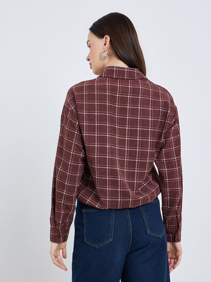 Women Burgundy Checkered Crop Shirt with Drawstring