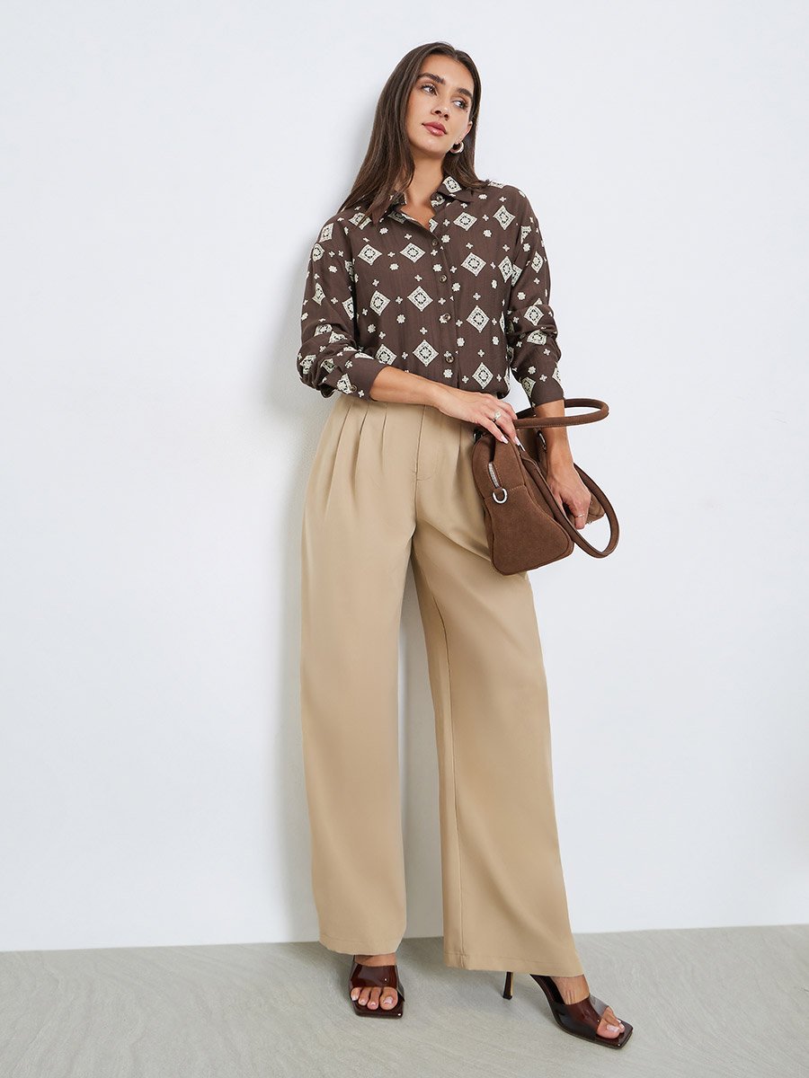 Brown Geometric Print Long Sleeve Shirt