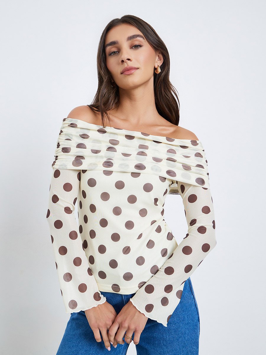 Women Off-Shoulder Polka Dot Mesh Top
