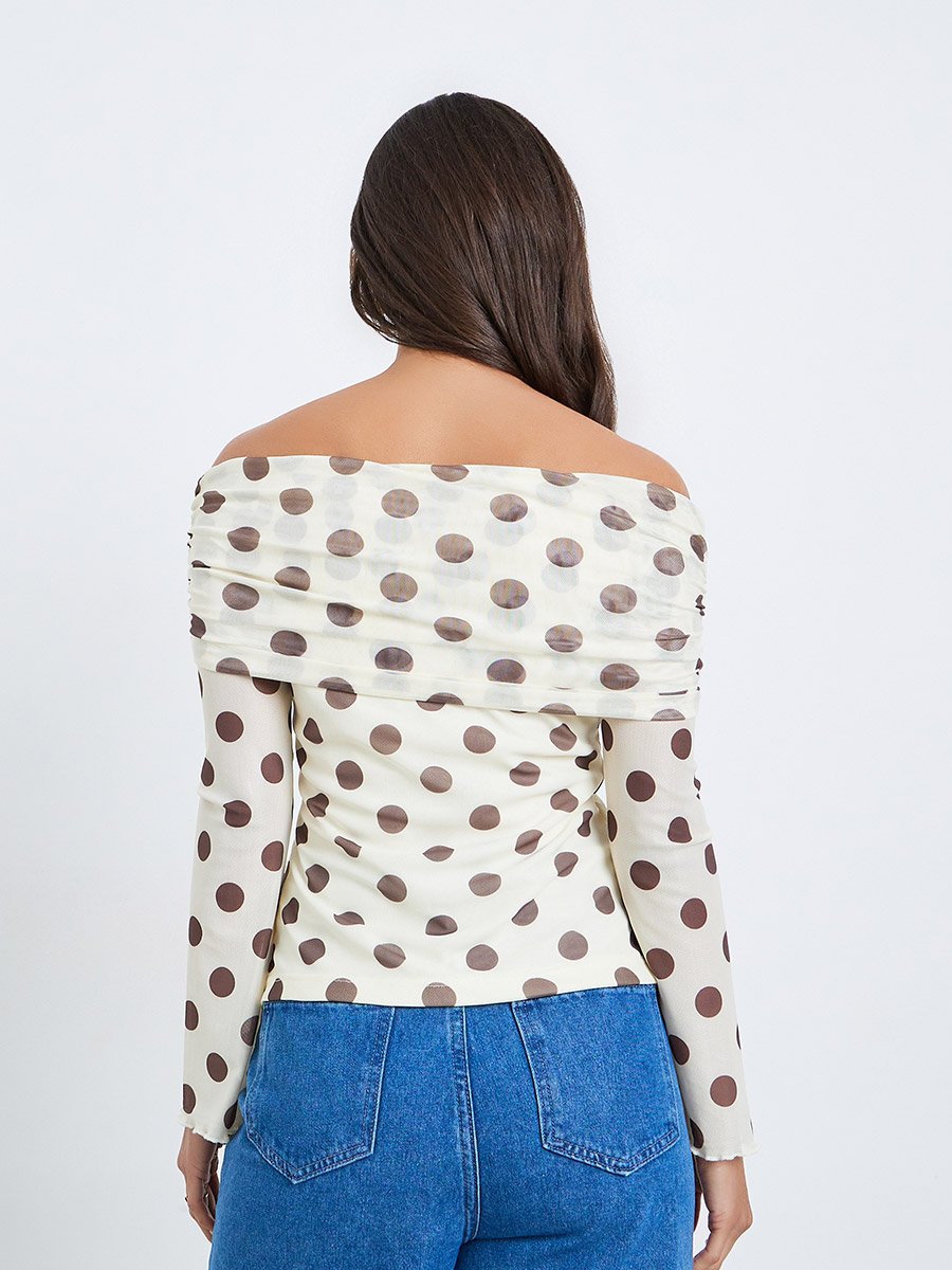 Women Off-Shoulder Polka Dot Mesh Top
