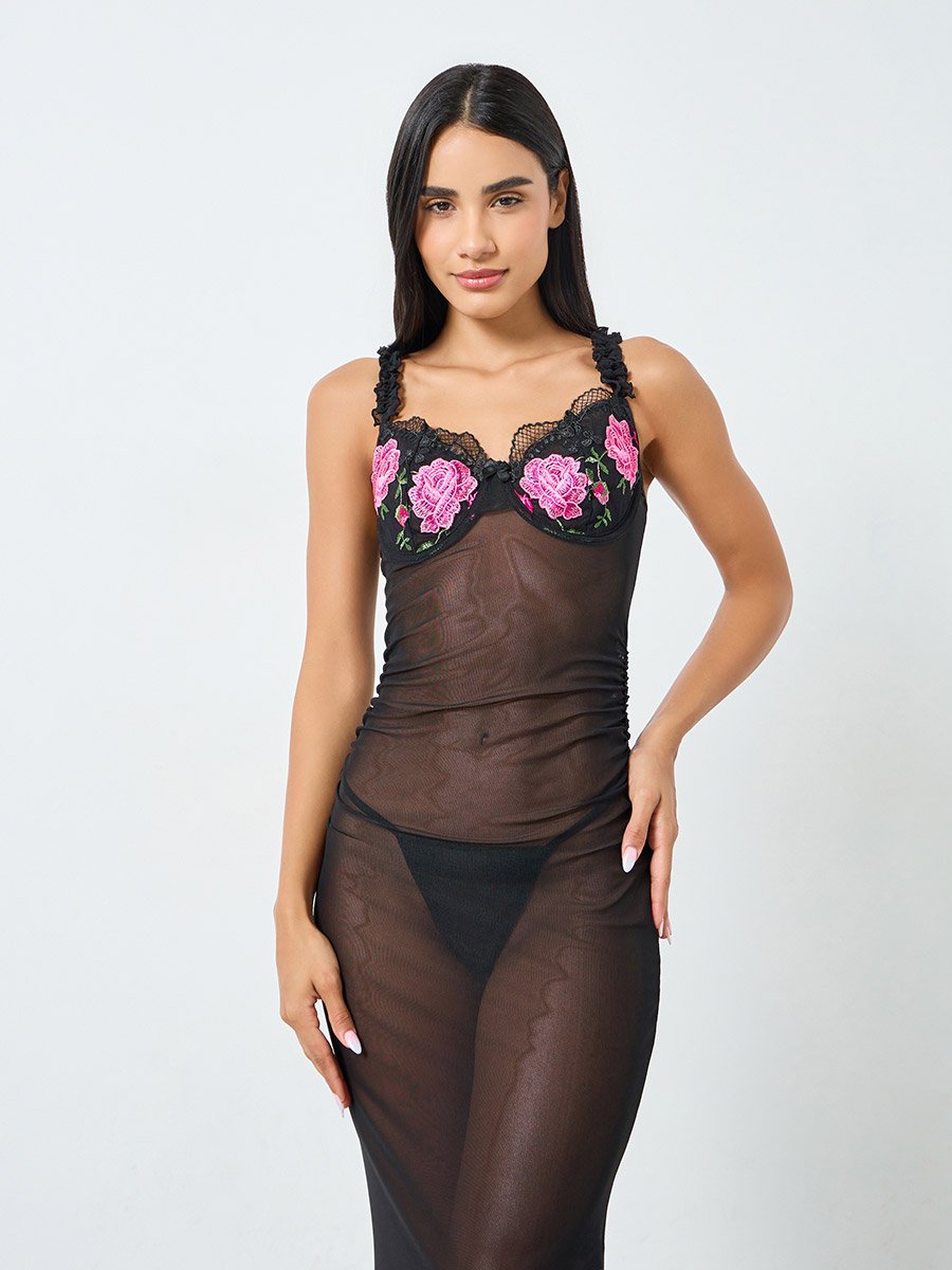 Embroidered Underwired Ruched Maxi Slip with Ruffle Detail and Briefs
