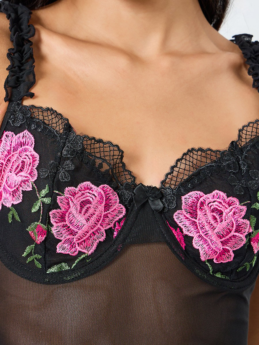 Embroidered Underwired Ruched Maxi Slip with Ruffle Detail and Briefs