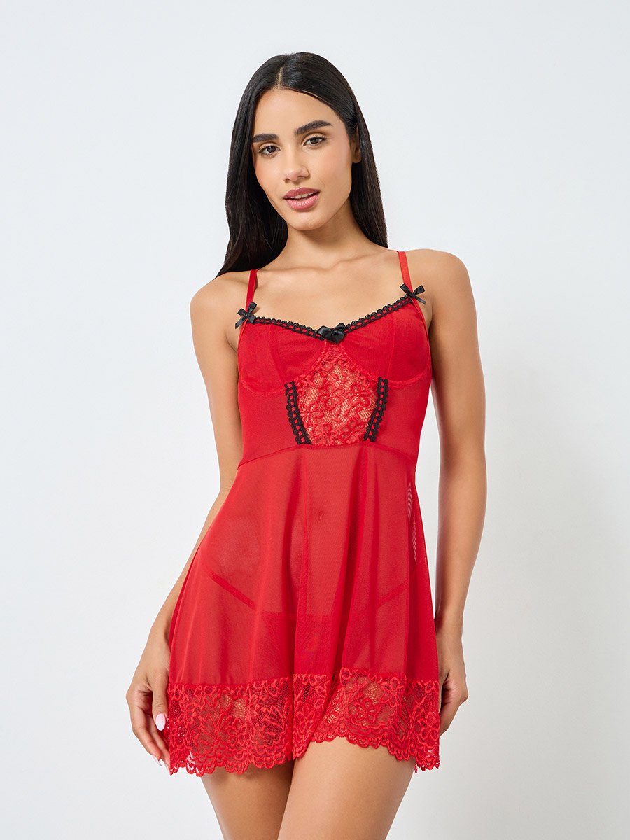 Lace Mesh Panel Underwired Babydoll with Brief and Stockings