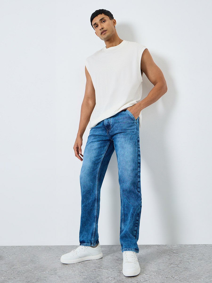 Men Blue Mid Wash Regular Fit Jeans