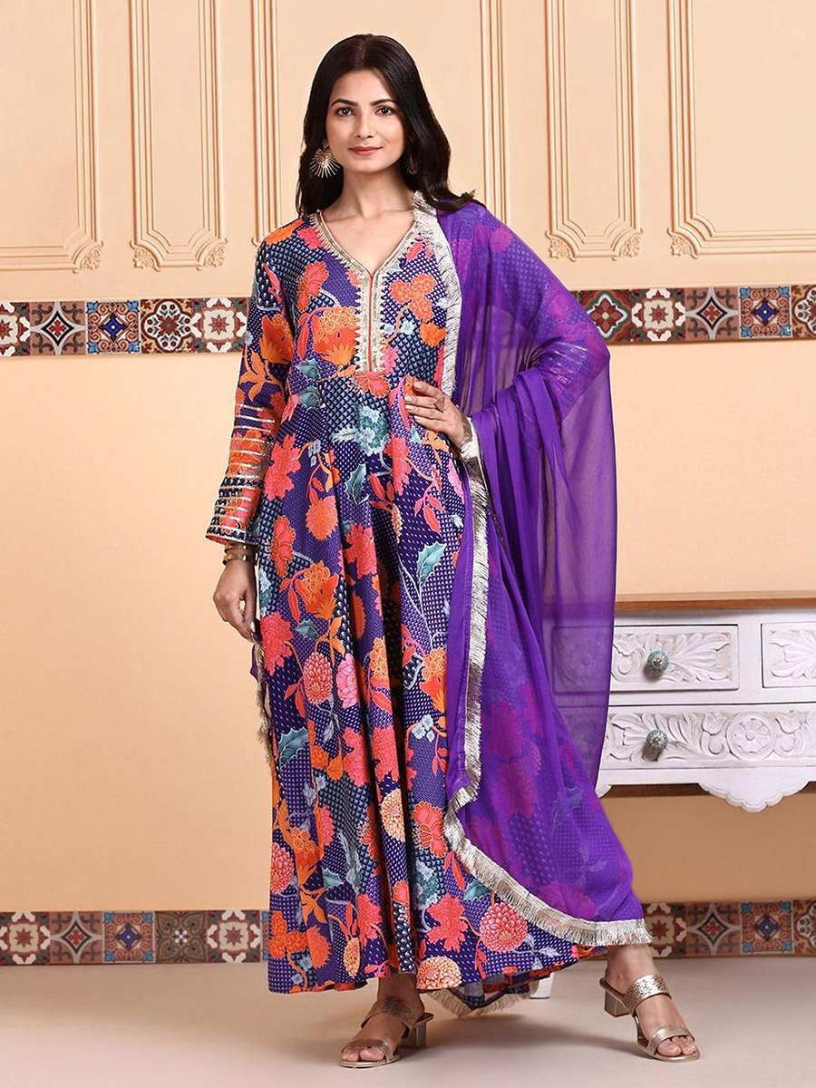 Women Purple Floral Kurta and Pants with Dupatta Set