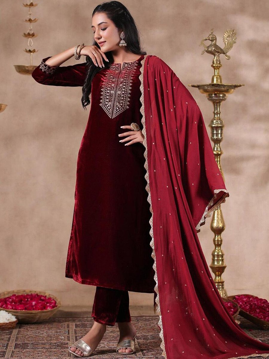 Maroon Velvet Kurta with Pants and Dupatta Set