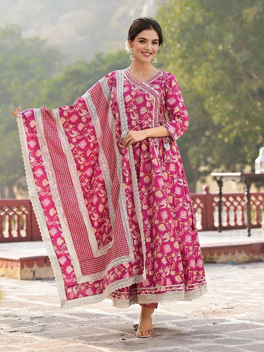 Pink Floral Kurta and Pant with Dupatta Set
