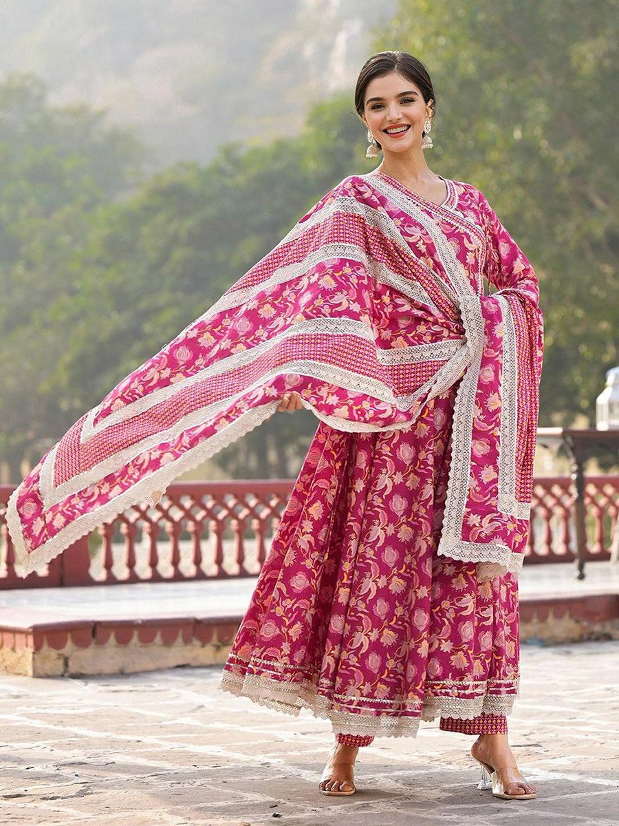 Pink Floral Kurta and Pant with Dupatta Set