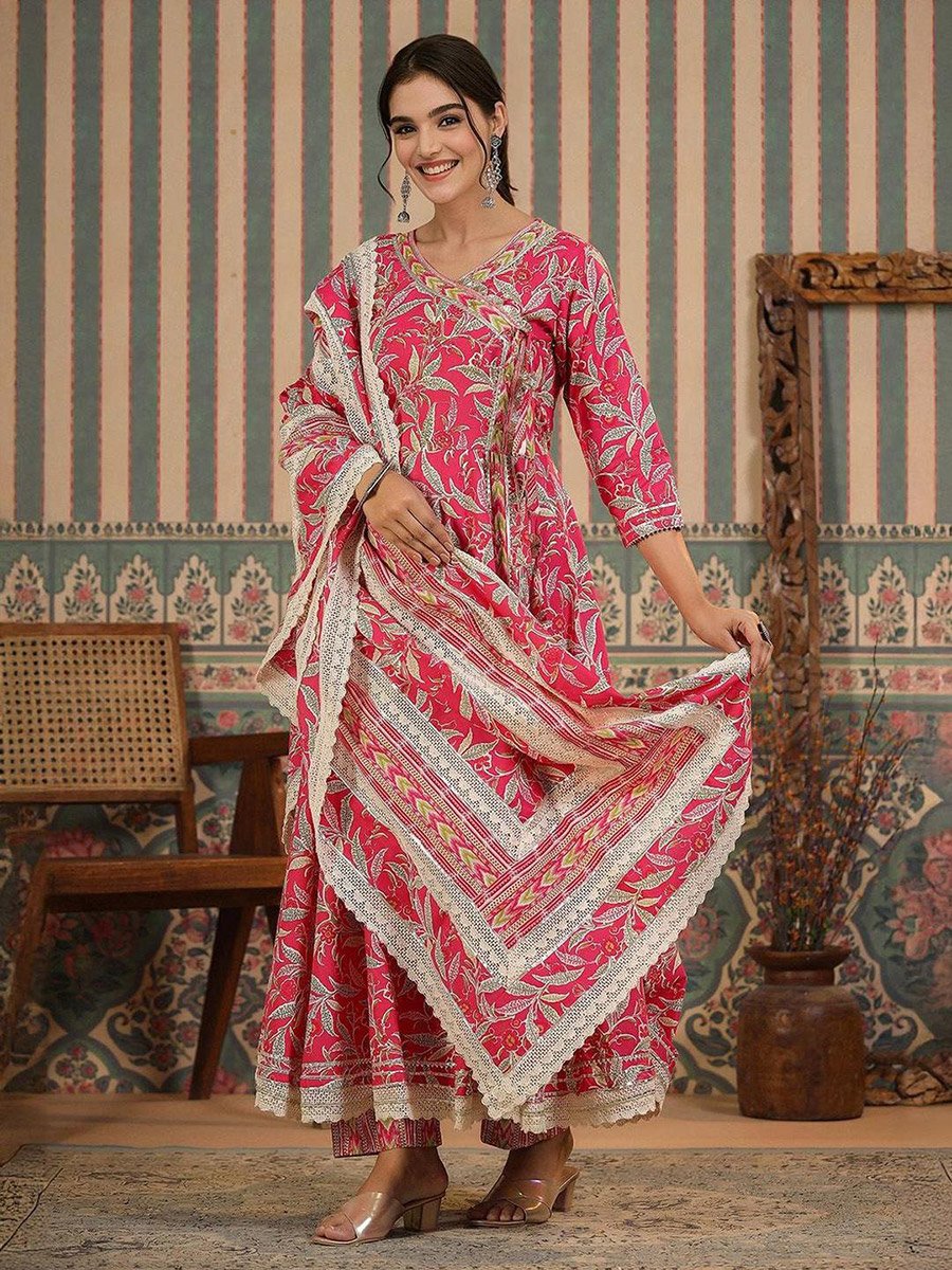 Pink Floral Kurta and Pant with Dupatta Set