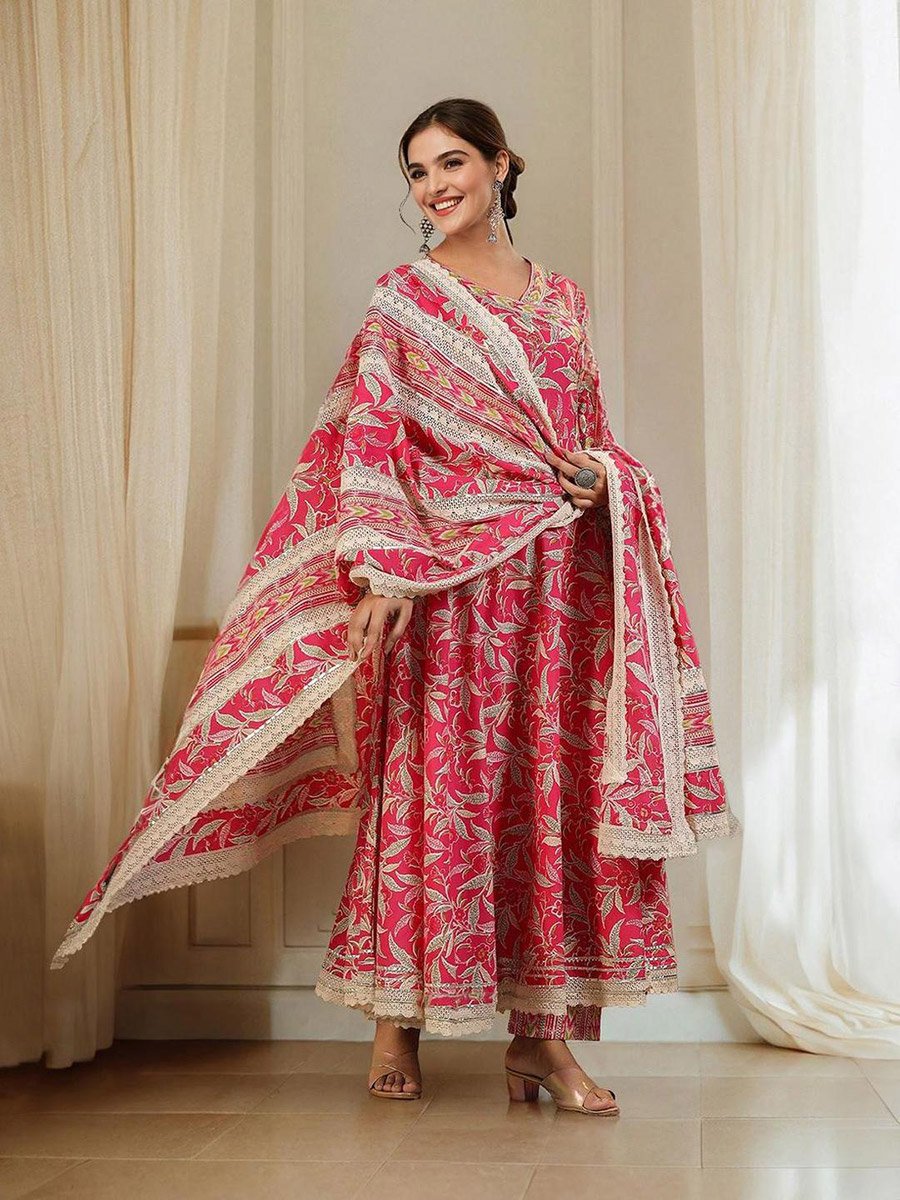Pink Floral Kurta and Pant with Dupatta Set