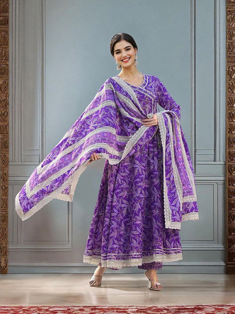 Purple Cotton Kurta with Pants and Dupatta Set
