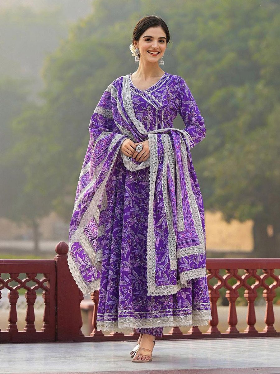 Purple Cotton Kurta with Pants and Dupatta Set