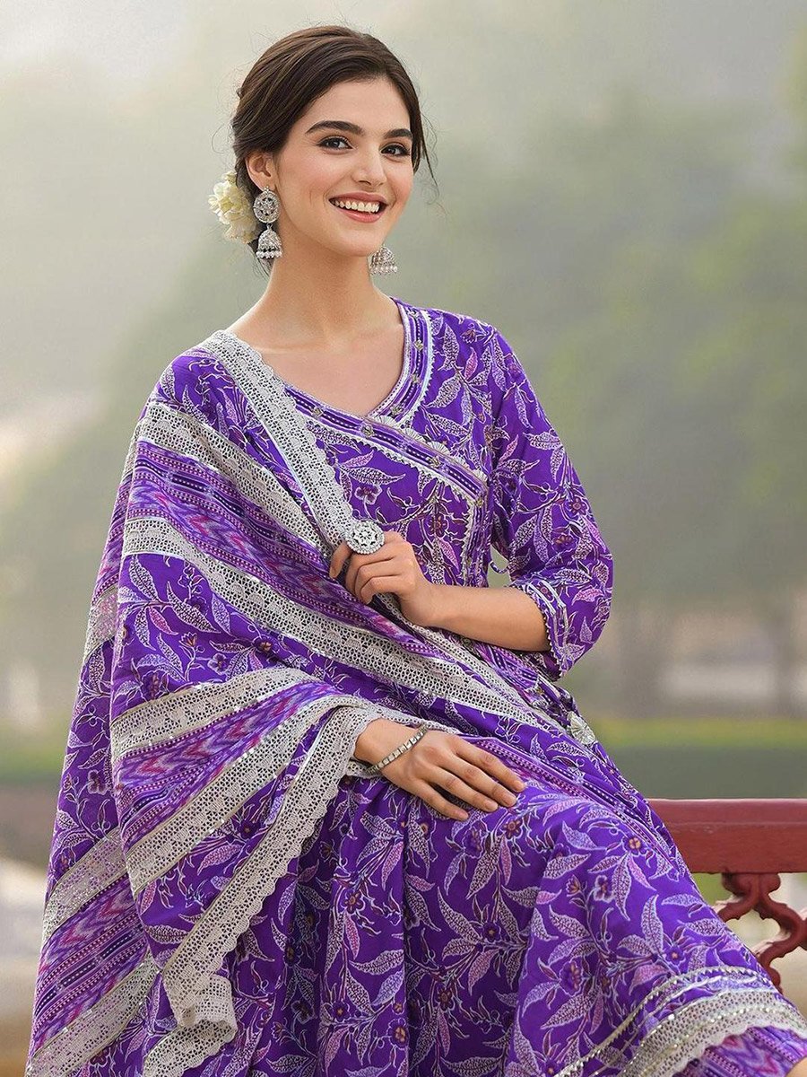 Purple Cotton Kurta with Pants and Dupatta Set