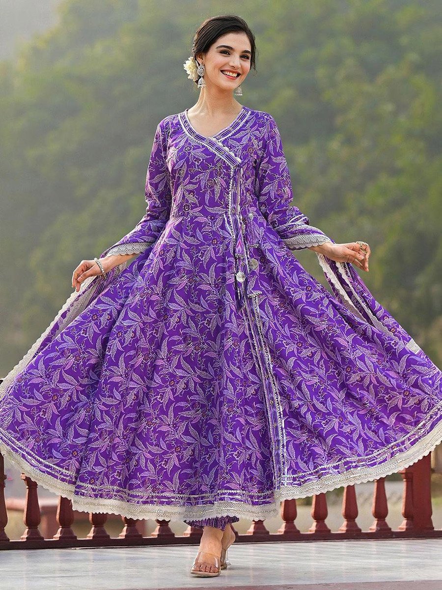 Purple Cotton Kurta with Pants and Dupatta Set