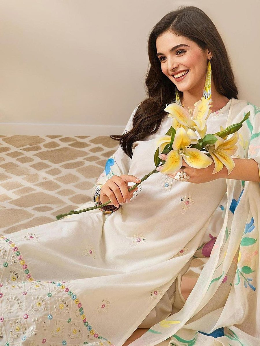 Off White Cotton Kurta with Pants and Dupatta Set