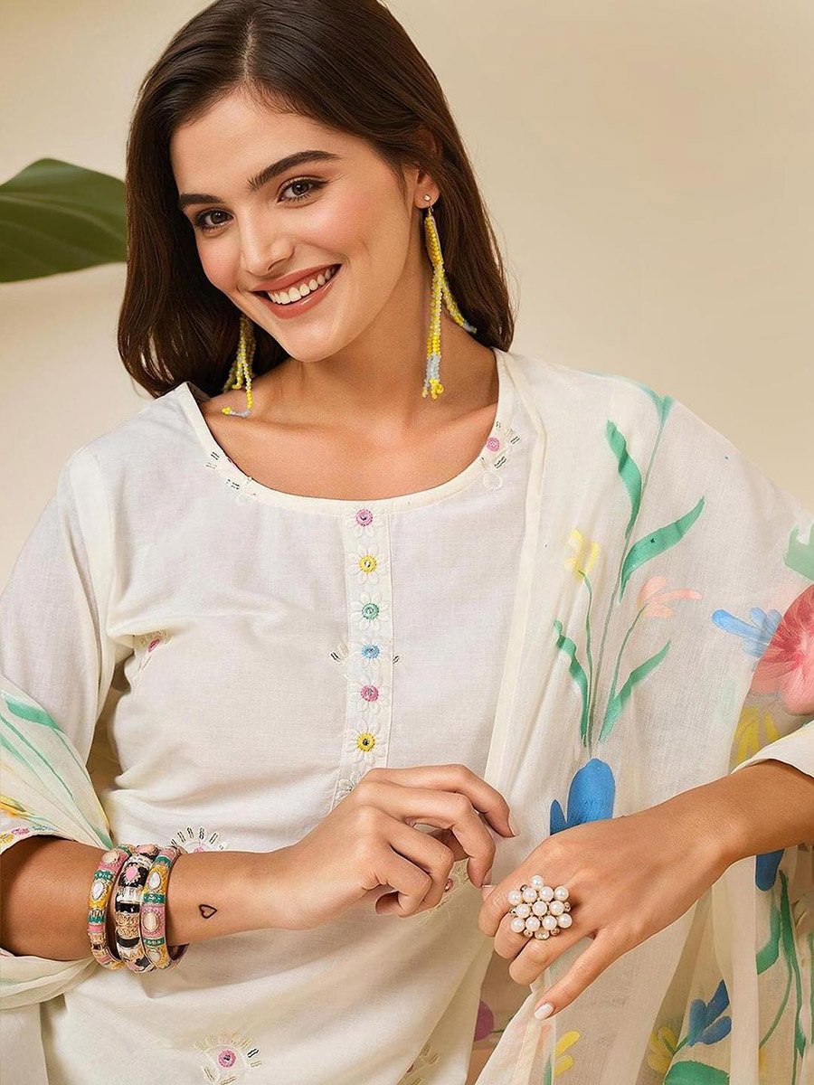 Off White Cotton Kurta with Pants and Dupatta Set