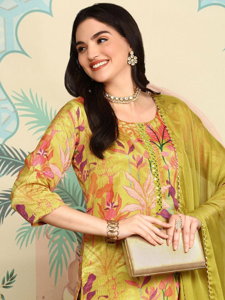 Women Yellow Floral Kurta with Pants and Dupatta Set