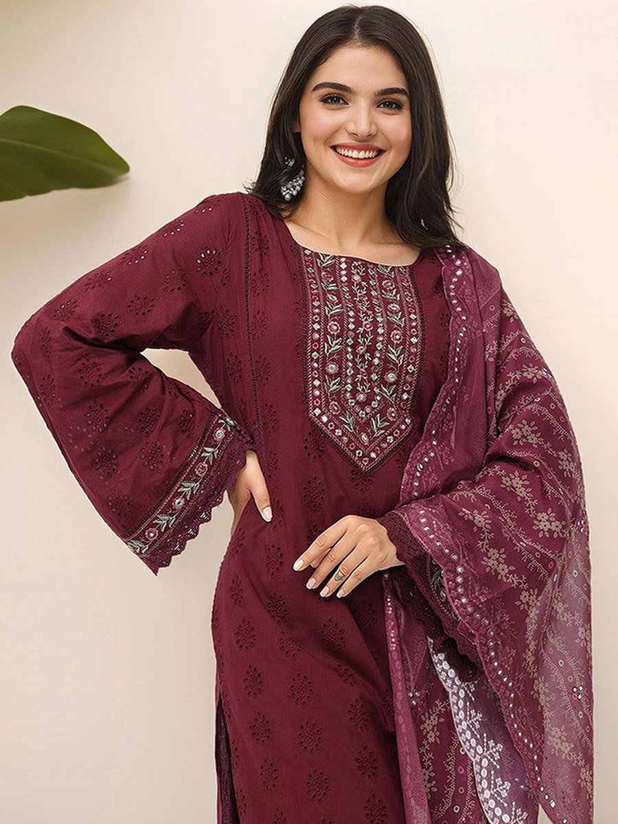 Women Wine Cotton Kurta with Pants and Dupatta Set