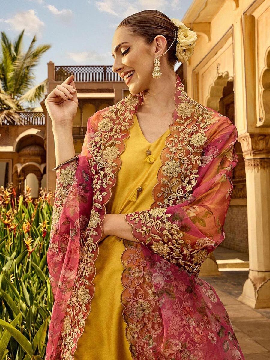 Women Yellow Kurta with Pants and Dupatta Set