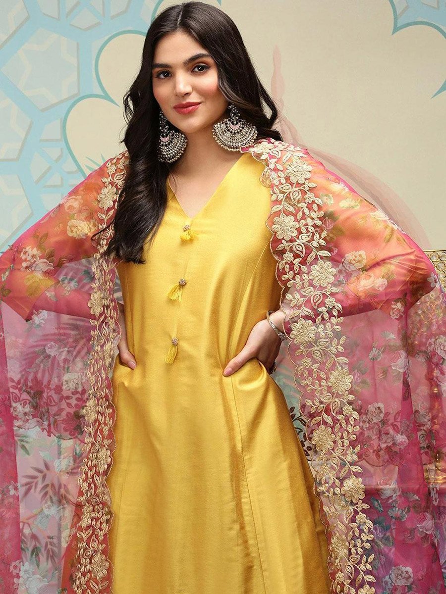 Women Yellow Kurta with Pants and Dupatta Set