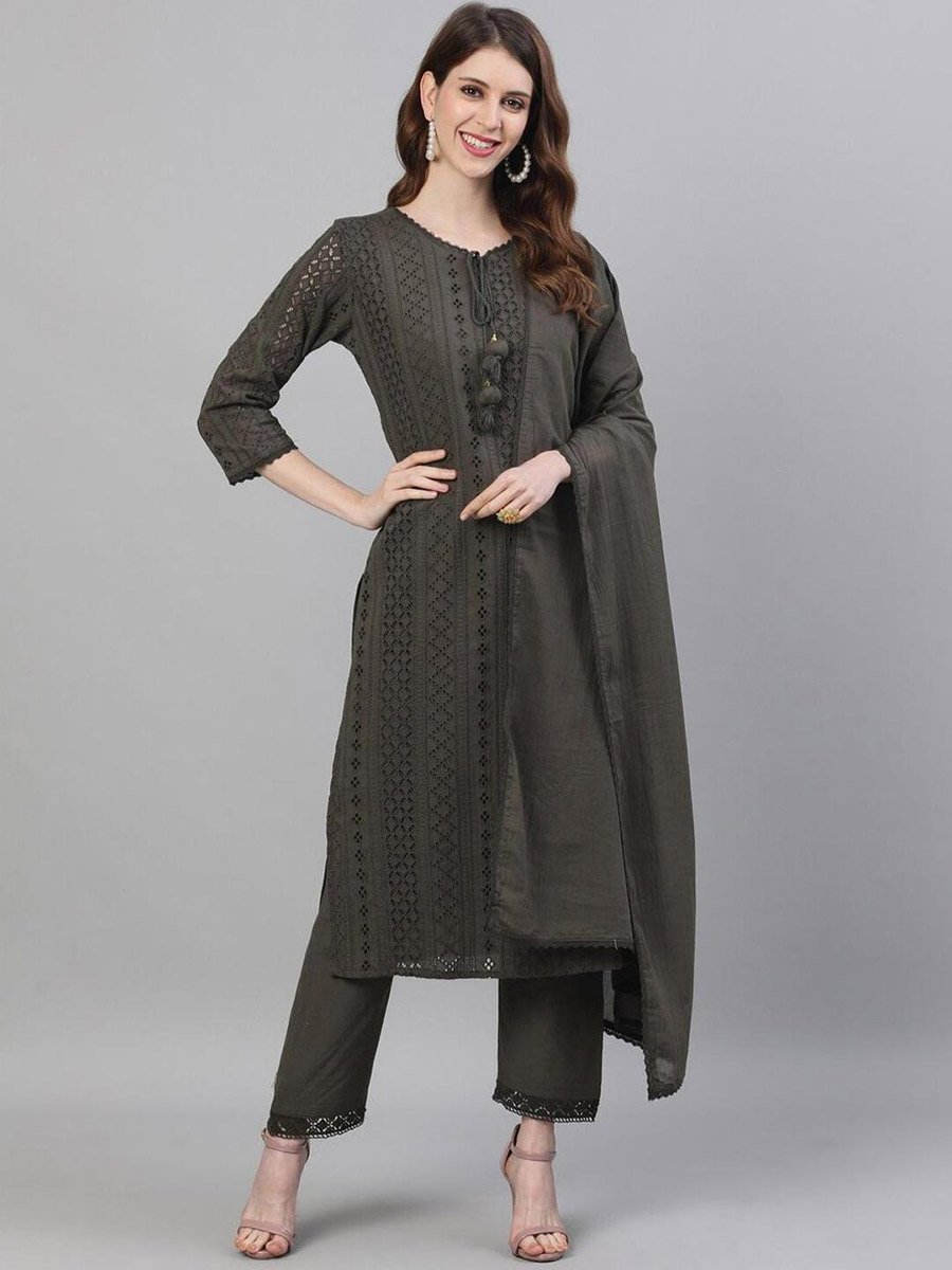 Olive Green Kurta with Trousers and Dupatta Set