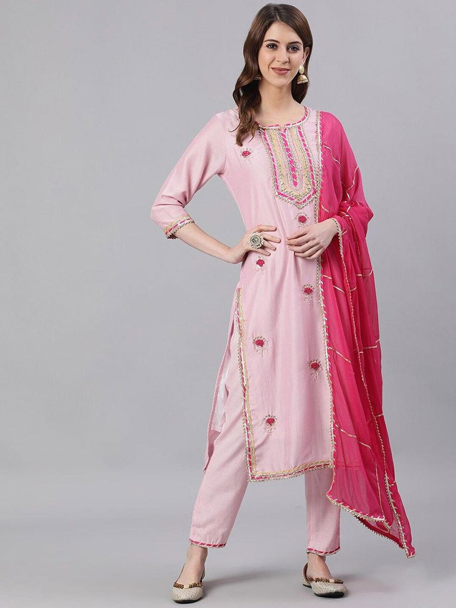 Pink Embroidered Kurta with Trousers and Dupatta Set
