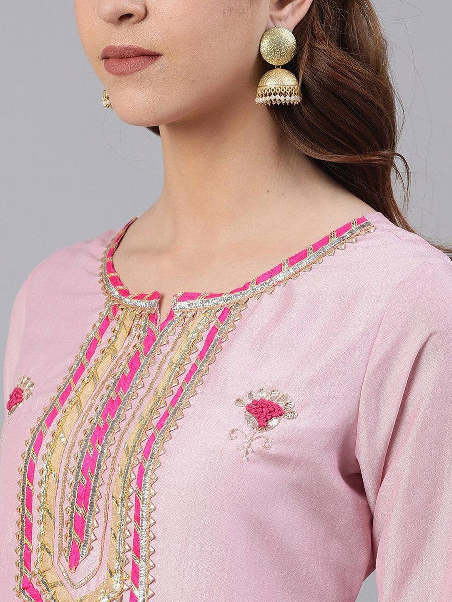 Pink Embroidered Kurta with Trousers and Dupatta Set