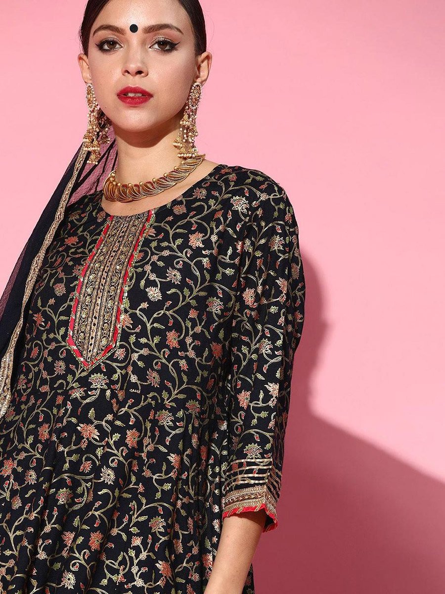Women Navy Blue Floral Embroidered Pure Rayon Kurta with Sharara and Dupatta Set