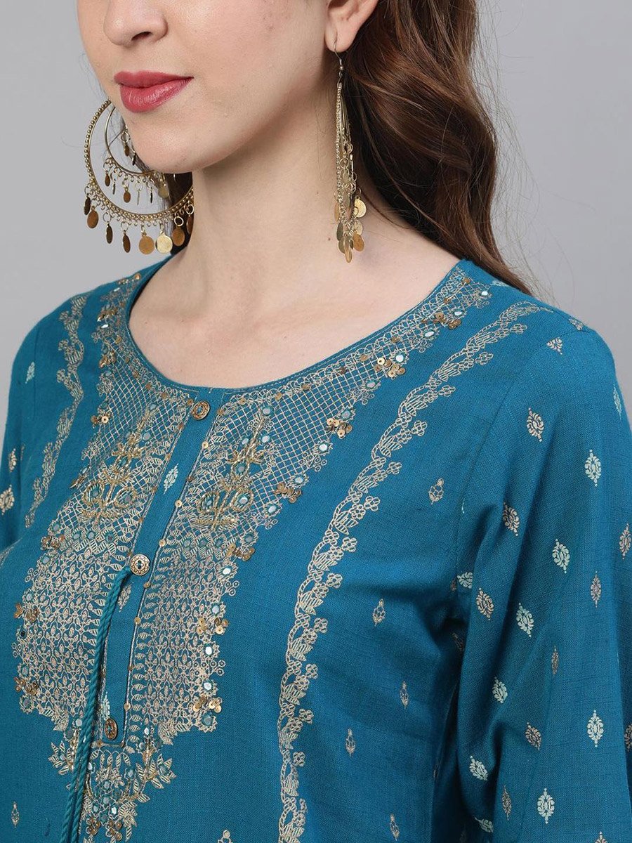 طقم كورتا نسائي أزرق مخضر مطرزة مع شارارا ودوباتا