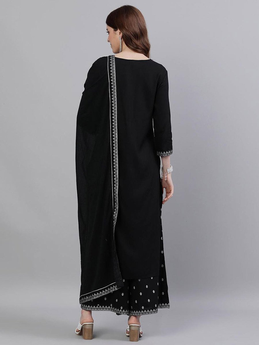 Black Embroidered Kurta with Palazzos and Dupatta Set