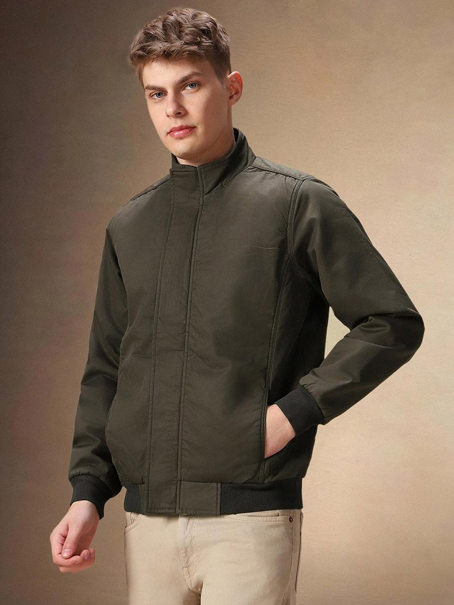 Men Olive Zip-Up Bomber Jacket